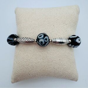 Vintage Brighton Kenya Black Lampwork Glass Bead Silver Tone Bracelet